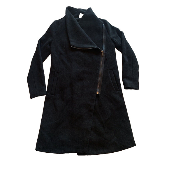 H&M Divided Jacket Womens Size 2 Black Wool Blend Overcoat Long Modern Peacoat - Picture 1 of 16